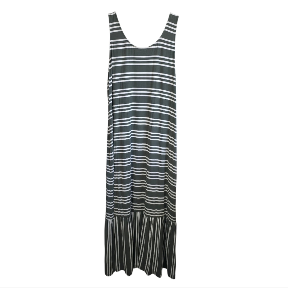 Reitmans Olive Green White Striped Maxi Dress XL Sleeveless Ruffle Hem Stretch